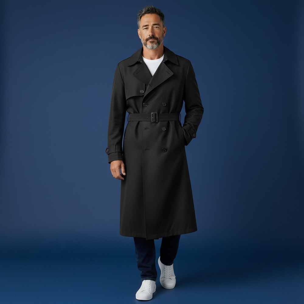 Gianni Cellini Trench Coat Mens 46R Black Dark Academia Classic Belted Overcoat